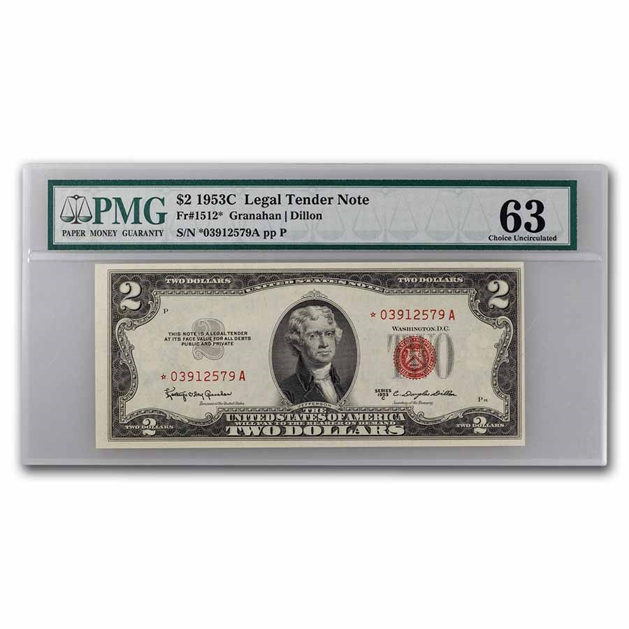 1953-C $2.00 U.S. Note Red Seal CU-63 PMG (Fr#1512*) Star Note
