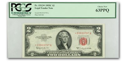 1953-C* $2.00 U.S. Notes Red Seal Ch CU-63 PPQ PCGS 1953-C* $2.00 U.S. Notes Red Seal Ch CU-63 PPQ PCGS