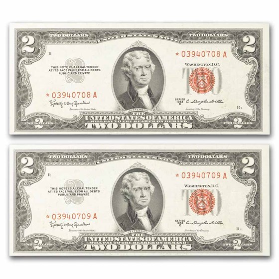 1953-C* $2.00 U.S. Notes Red Seal CU (Fr#1512*) 2 Consecutive
