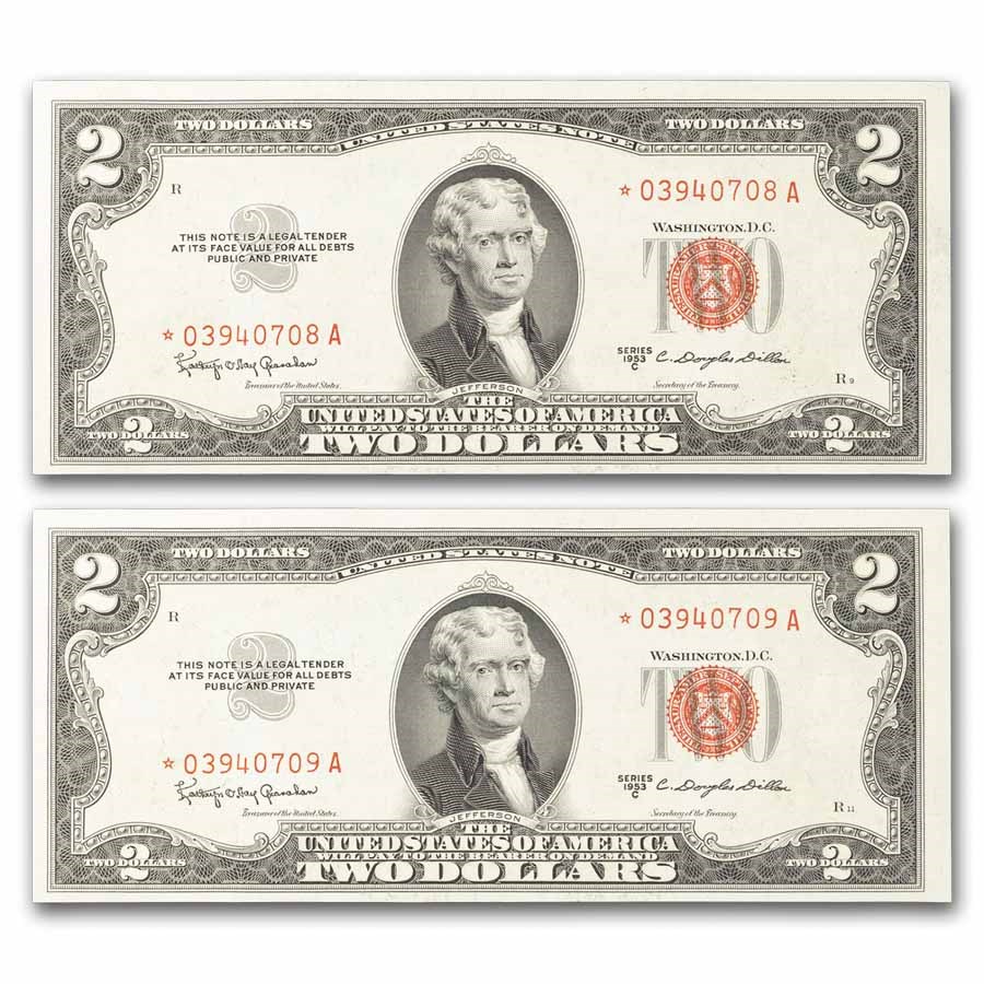 1953-C* $2.00 U.S. Notes Red Seal CU (Fr#1512*) 2 Consecutive