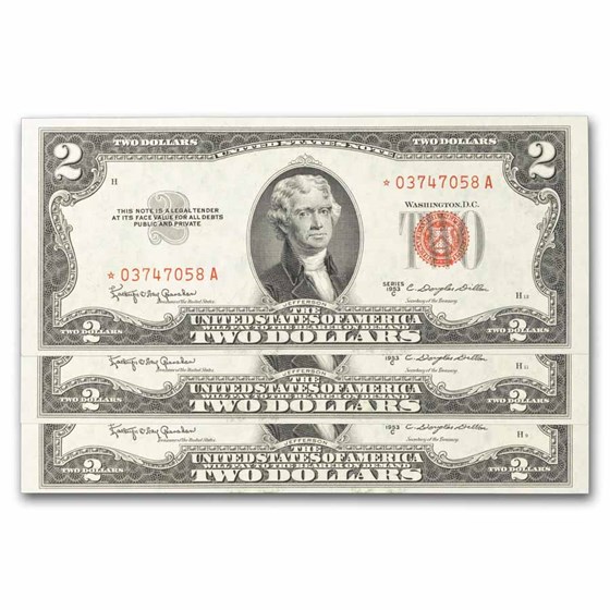 1953-C* $2.00 U.S. Notes Red Seal CU (Fr#1512*) 3 Consecutive
