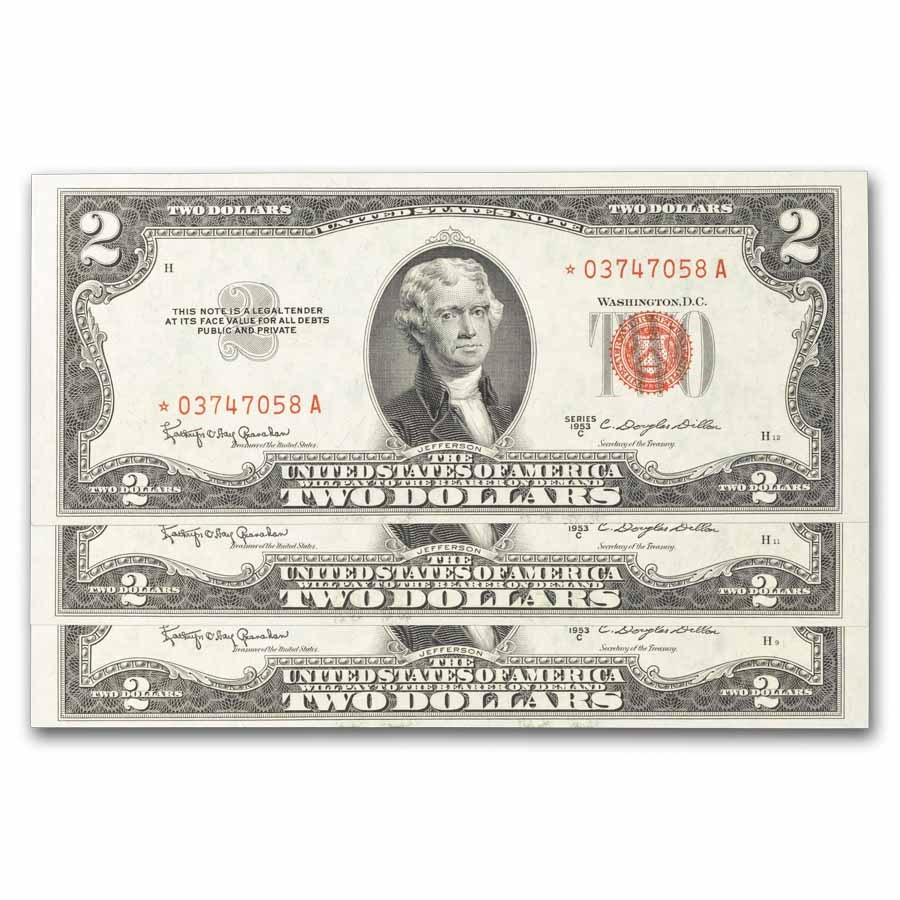 1953-C* $2.00 U.S. Notes Red Seal CU (Fr#1512*) 3 Consecutive
