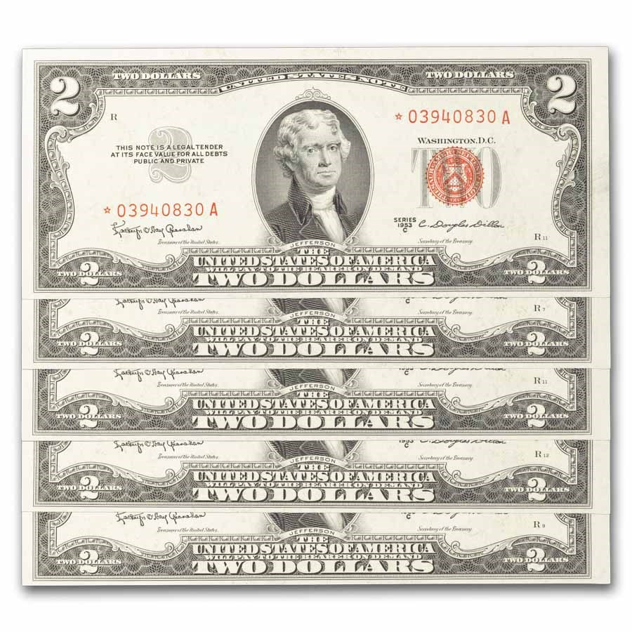 1953-C* $2.00 U.S. Notes Red Seal CU (Fr#1512*) 6 Consecutive