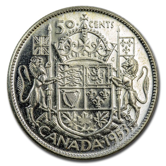 1953 Canada Silver 50 Cents Elizabeth II BU/PL (Small Date) 1953 Canada Silver 50 Cents Elizabeth II BU/PL (Small Date)