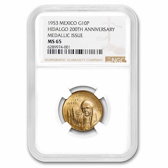 1953 Mexico Gold 10 Peso Hildalgo 200th Anniversary MS-65 NGC 1953 Mexico Gold 10 Peso Hildalgo 200th Anniversary MS-65 NGC