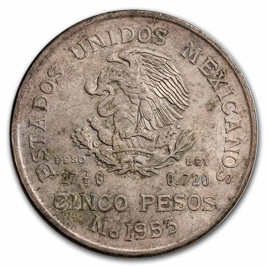 1円スタート!! 1953年 メキシコ銀貨 5ペソ イダルゴ生誕200周年