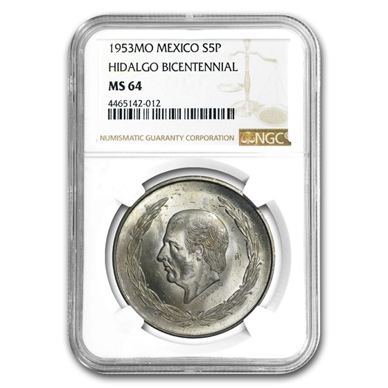 1953 Mexico Silver 5 Pesos Hidalgo MS-64 NGC 1953 Mexico Silver 5 Pesos Hidalgo MS-64 NGC