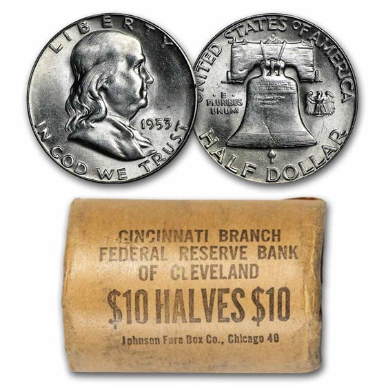 1953-S Franklin Half Dollar 20-Coin Roll BU (Bank Wrapped)