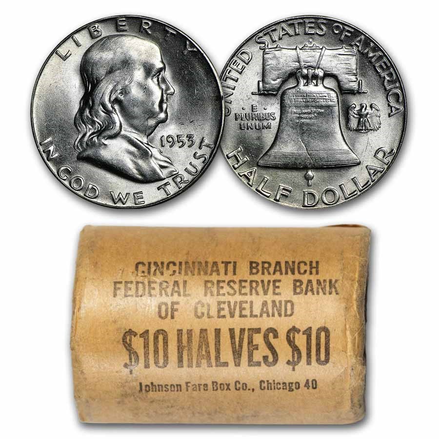1953-S Franklin Half Dollar 20-Coin Roll BU (Bank Wrapped)