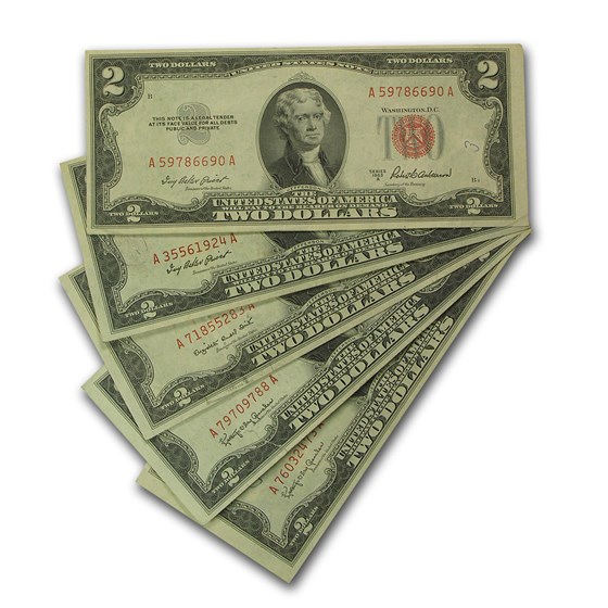 1953s $2.00 U.S. Notes Red Seal VG/VF (Lot of 5)