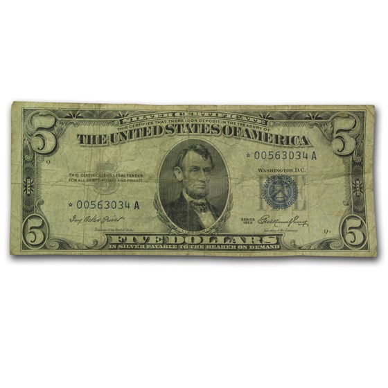 1953's* $5.00 Silver Certificate Cull/Good (Fr#1655*) Star Note 1953's* $5.00 Silver Certificate Cull/Good (Fr#1655*) Star Note
