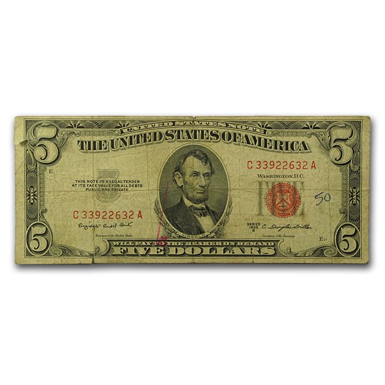 1953's $5.00 U.S. Note Red Seal Cull/Good 1953's $5.00 U.S. Note Red Seal Cull/Good