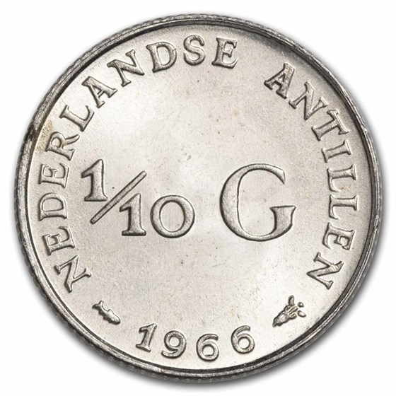 1954-1970 Netherlands Antilles Silver 1/10 Gulden AU/BU