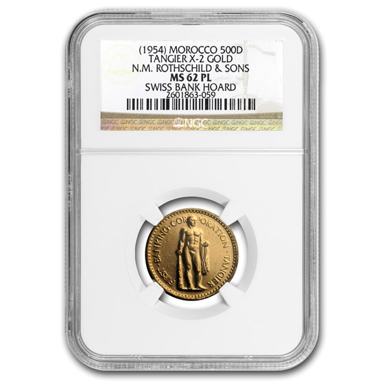 1954 Morocco Tangier X-2 Gold 500 Dirhams MS-62 PL NGC 1954 Morocco Tangier X-2 Gold 500 Dirhams MS-62 PL NGC