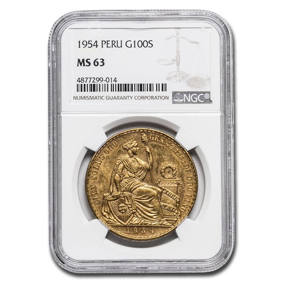 1954 Peru Gold 100 Soles Liberty MS-63 NGC 1954 Peru Gold 100 Soles Liberty MS-63 NGC