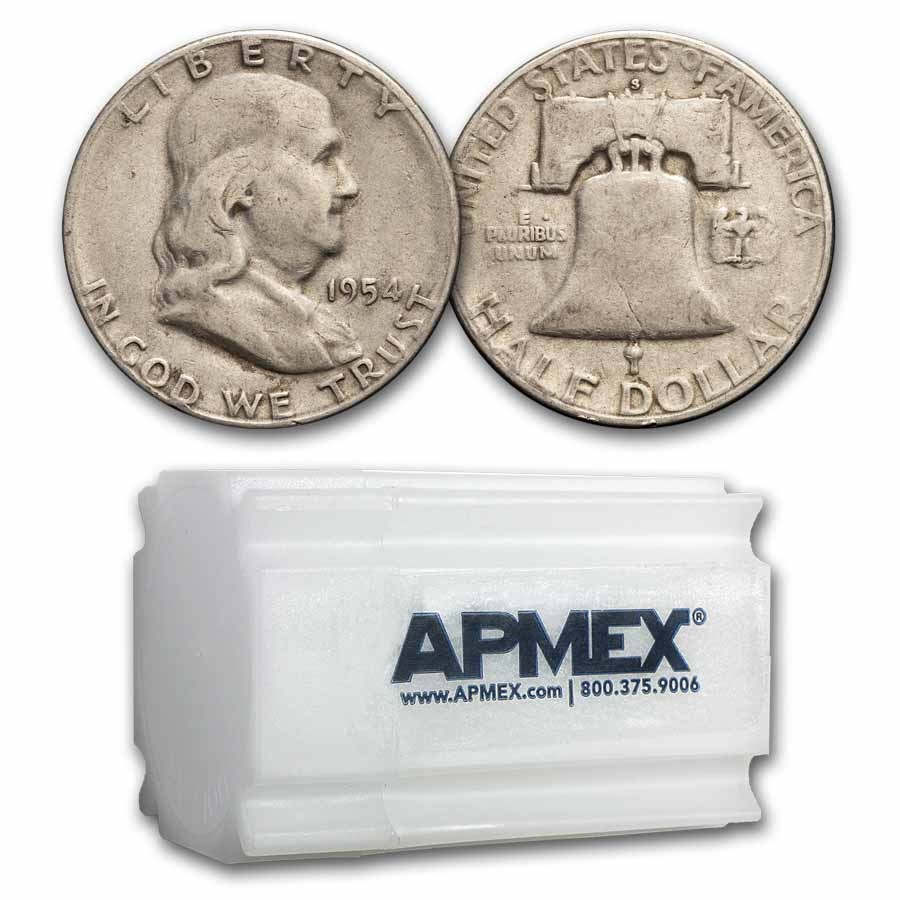 1954-S Franklin Half Dollar 20-Coin Roll Avg Circ