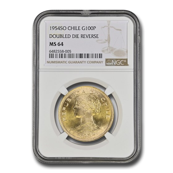 1954-SO Chile Gold 100 Pesos MS-64 NGC (Doubled Die Reverse) 1954-SO Chile Gold 100 Pesos MS-64 NGC (Doubled Die Reverse)