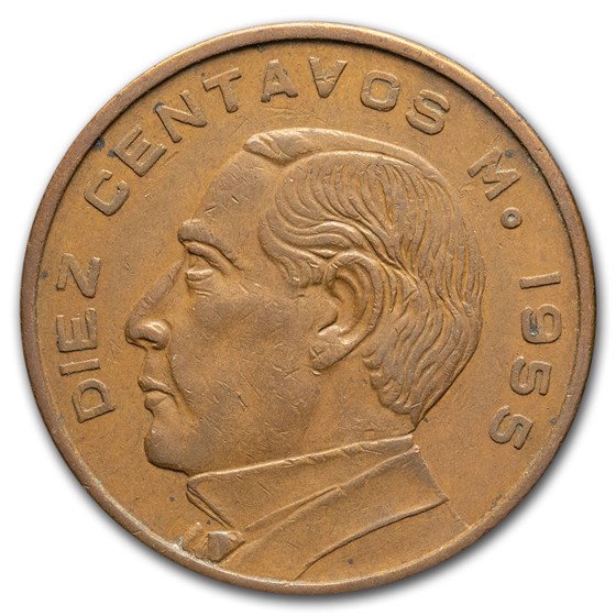 1955-1967 Mexico 10 Centavos Benito Juraez Avg Circ 1955-1967 Mexico 10 Centavos Benito Juraez Avg Circ