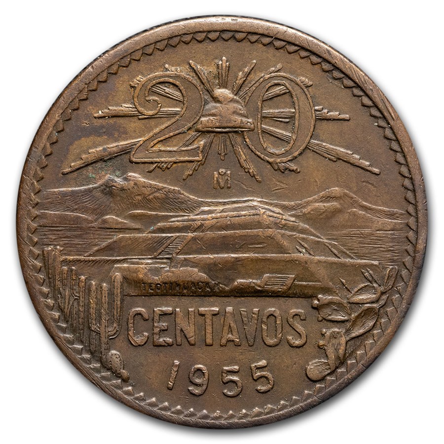 1955-1971 Mexico 20 Centavos Pyramid of the Sun Avg Circ
