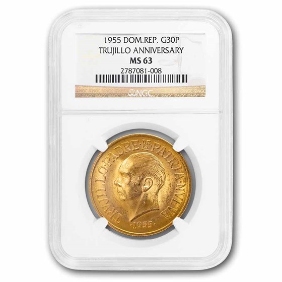 1955 Dominican Republic Gold 30 Pesos Rafael Trujillo MS-63 NGC