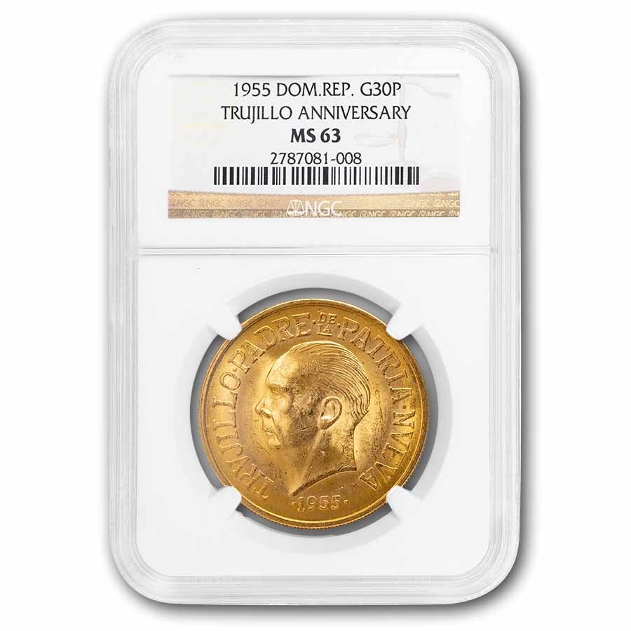 1955 Dominican Republic Gold 30 Pesos Rafael Trujillo MS-63 NGC