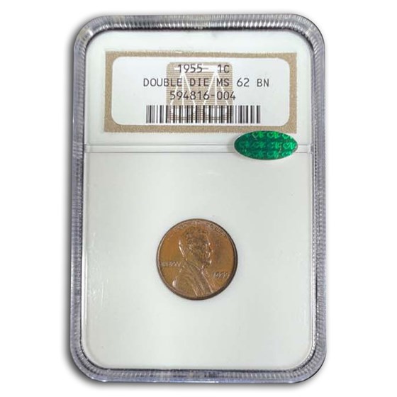 1955 Double Die Obverse Lincoln Cent MS62 NGC CAC (Brown) 1955 Double Die Obverse Lincoln Cent MS62 NGC CAC (Brown)