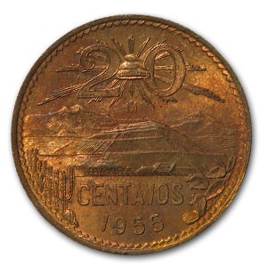 1955 Mexico 20 Centavos Pyramid BU (Red/Brown) 1955 Mexico 20 Centavos Pyramid BU (Red/Brown)