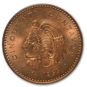 1955 Mexico 50 Centavos Cuauhtemoc BU (Red) 1955 Mexico 50 Centavos Cuauhtemoc BU (Red)