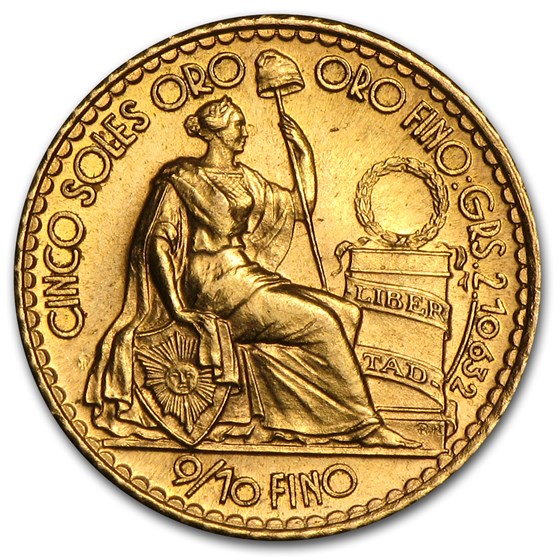 1956-1969 Peru Gold 5 Soles Oro Liberty AU/BU 1956-1969 Peru Gold 5 Soles Oro Liberty AU/BU