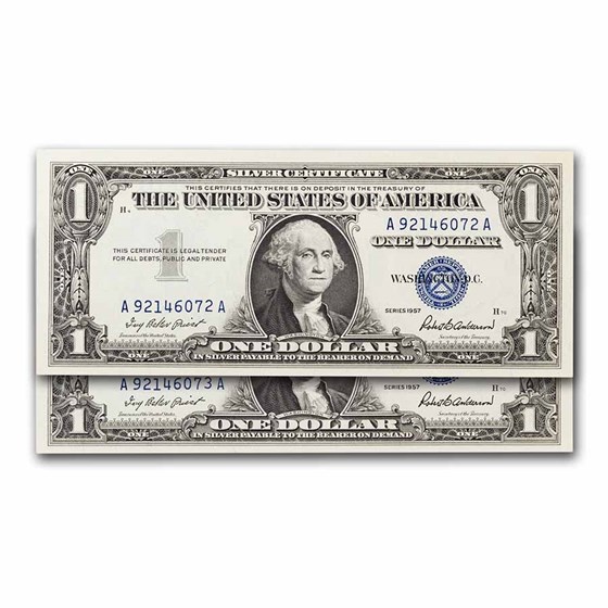 1957 $1.00 Silver Certificate CCU (Fr#1619) 2 Consecutive