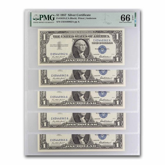 1957 $1.00 Silver Certificate CU-66 EPQ PMG (Fr#1619) 9 Consec 1957 $1.00 Silver Certificate CU-66 EPQ PMG (Fr#1619) 9 Consec