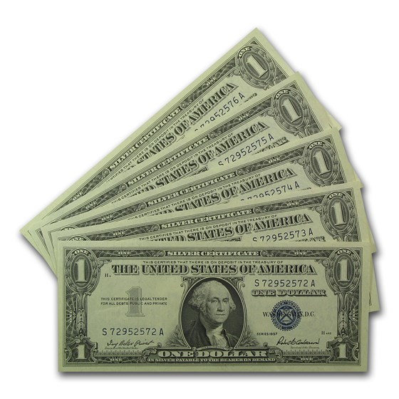 1957 $1.00 Silver Certificate CU (Fr#1619) 5 Consecutive 1957 $1.00 Silver Certificate CU (Fr#1619) 5 Consecutive