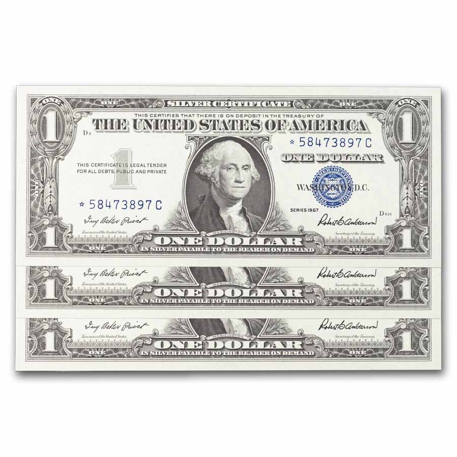 1957* $1 Silver Certificate CU (Fr#1619*) Star Notes, 3 Consec