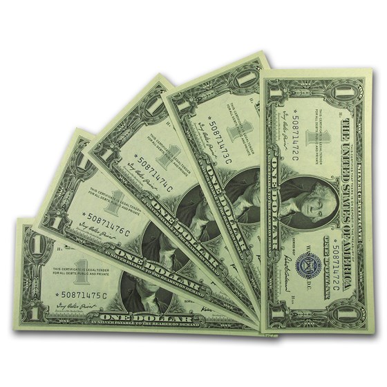 1957* $1 Silver Certificate CU (Fr#1619*) Star Notes, 5 Consec 1957* $1 Silver Certificate CU (Fr#1619*) Star Notes, 5 Consec