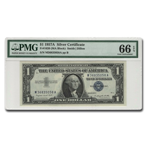 1957-A $1.00 Silver Cert Gem CU-66 EPQ PMG (Fr#1620) 1957-A $1.00 Silver Cert Gem CU-66 EPQ PMG (Fr#1620)