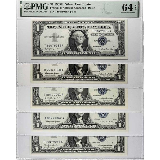 1957-B $1.00 Silver Cert CU-64 EPQ PMG (Fr#1621) 5 Consecutive 1957-B $1.00 Silver Cert CU-64 EPQ PMG (Fr#1621) 5 Consecutive