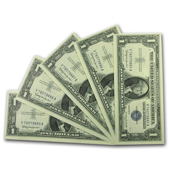 1957-B $1.00 Silver Certificate CCU (Fr#1621) 5 Consecutive 1957-B $1.00 Silver Certificate CCU (Fr#1621) 5 Consecutive