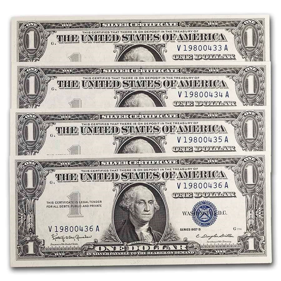 1957-B $1.00 Silver Certificate CU (Fr#1621) 4 Consecutive