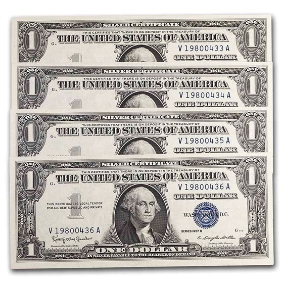 1957-B $1.00 Silver Certificate CU (Fr#1621) 4 Consecutive 1957-B $1.00 Silver Certificate CU (Fr#1621) 4 Consecutive
