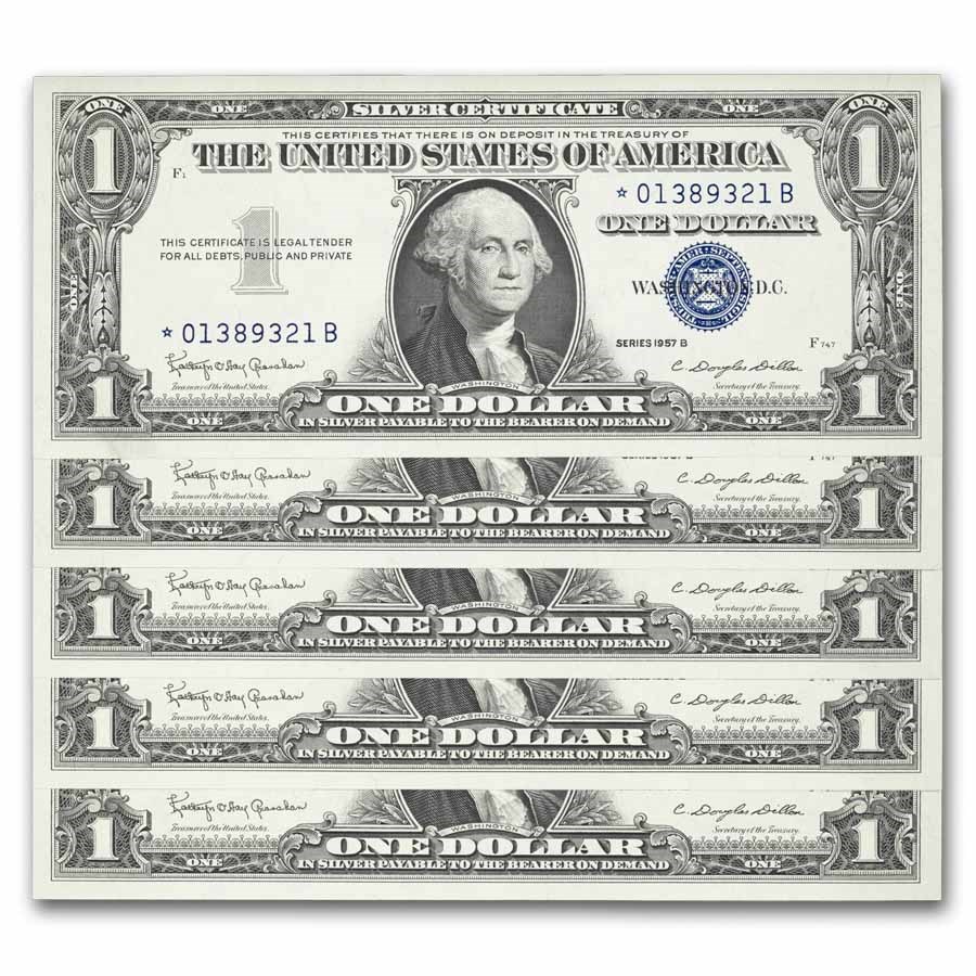 1957-B* $1 Silver Cert AU (Fr#1621*) Star Notes, 80 Consecutive