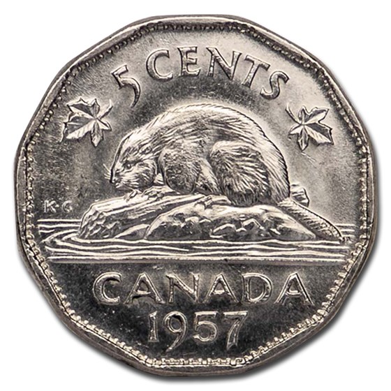 1957 Canada 5 Cents BU (Bug tail variety) 1957 Canada 5 Cents BU (Bug tail variety)