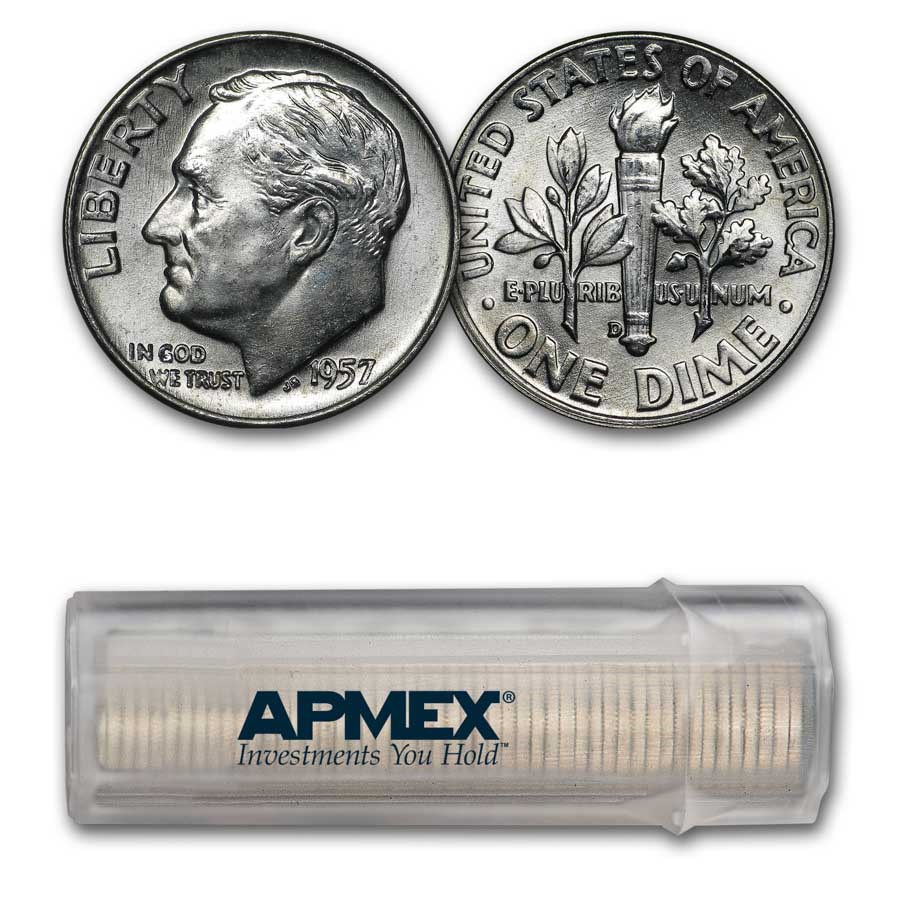 1957-D Roosevelt Dime 50-Coin Roll BU