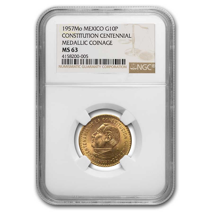 1957 Mexico Gold 10 Peso Constitution Centennial MS-63 NGC