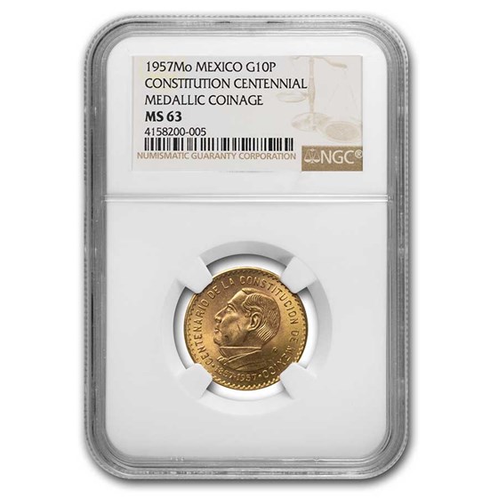 1957 Mexico Gold 10 Peso Constitution Centennial MS-63 NGC 1957 Mexico Gold 10 Peso Constitution Centennial MS-63 NGC