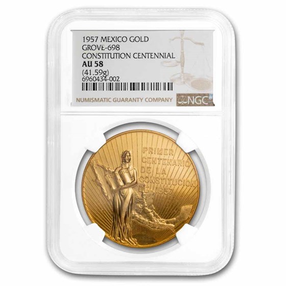 1957 Mexico Gold Medallic 50 Peso Constitution Cent. AU-58 NGC