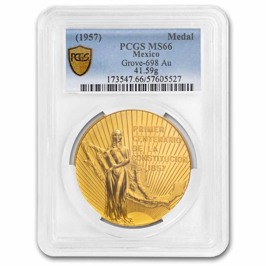 1957 Mexico Gold Medallic 50 Peso Constitution Cent. MS-66 PCGS