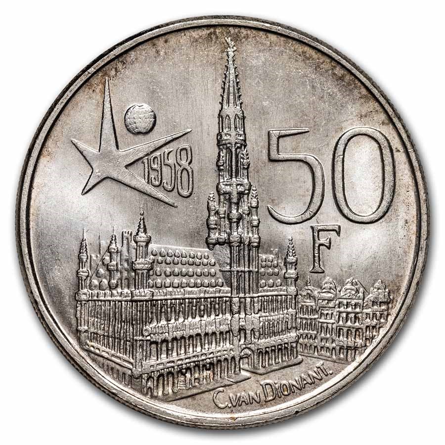 1958 Belgium Silver 50 Francs BU