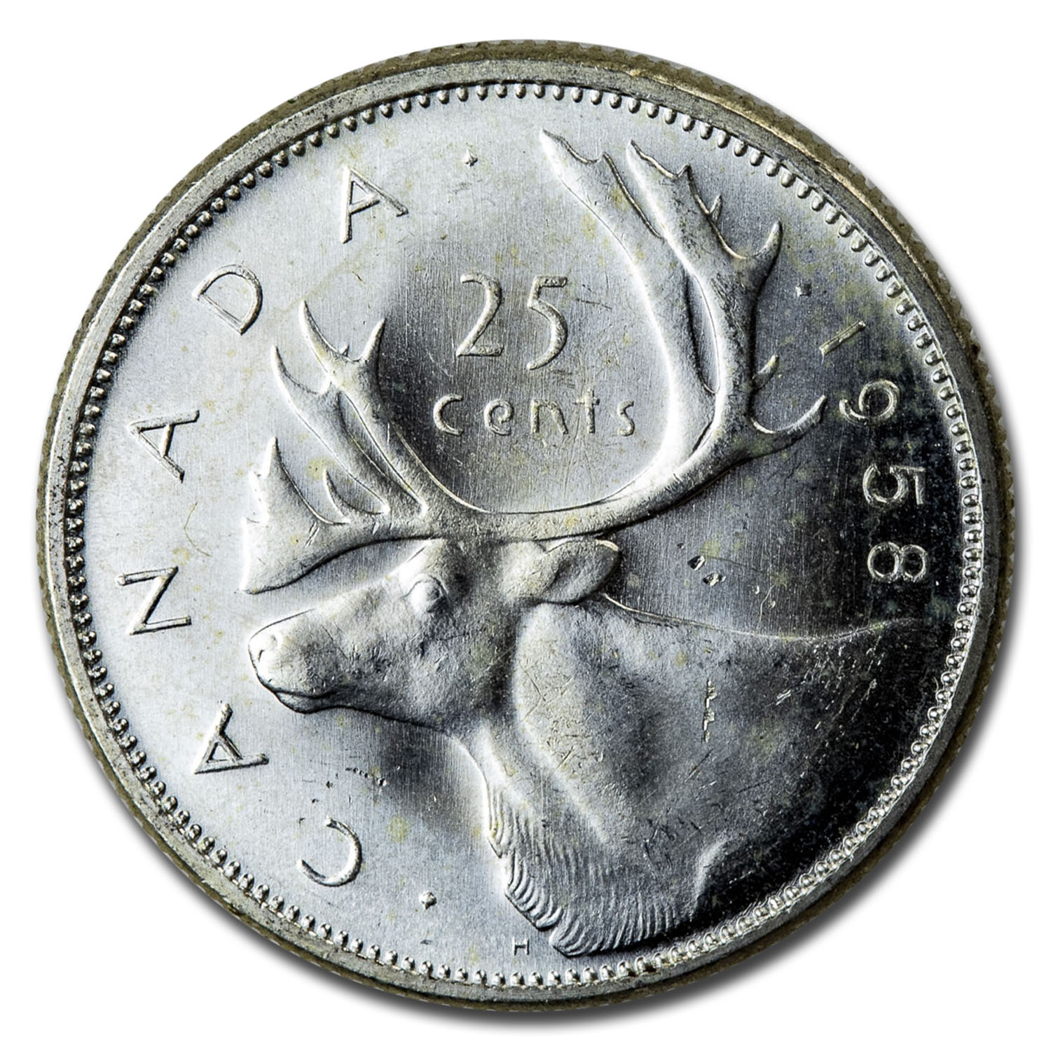 1958年カナダ - 25セントクォーター シルバー - エリザベス2世 Buy 1958 Canada Silver 25 Cents Elizabeth II BU/Prooflike | APMEX