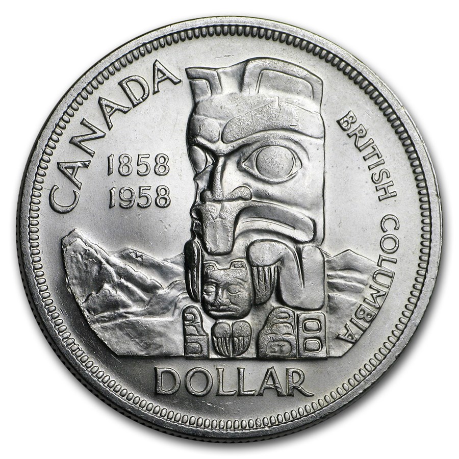 1958 Canada Silver Dollar British Columbia Totem Pole BU