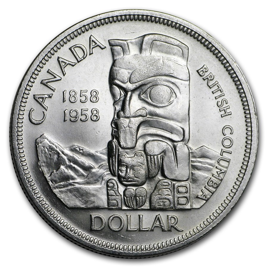 1958 Canada Silver Dollar British Columbia Totem Pole BU